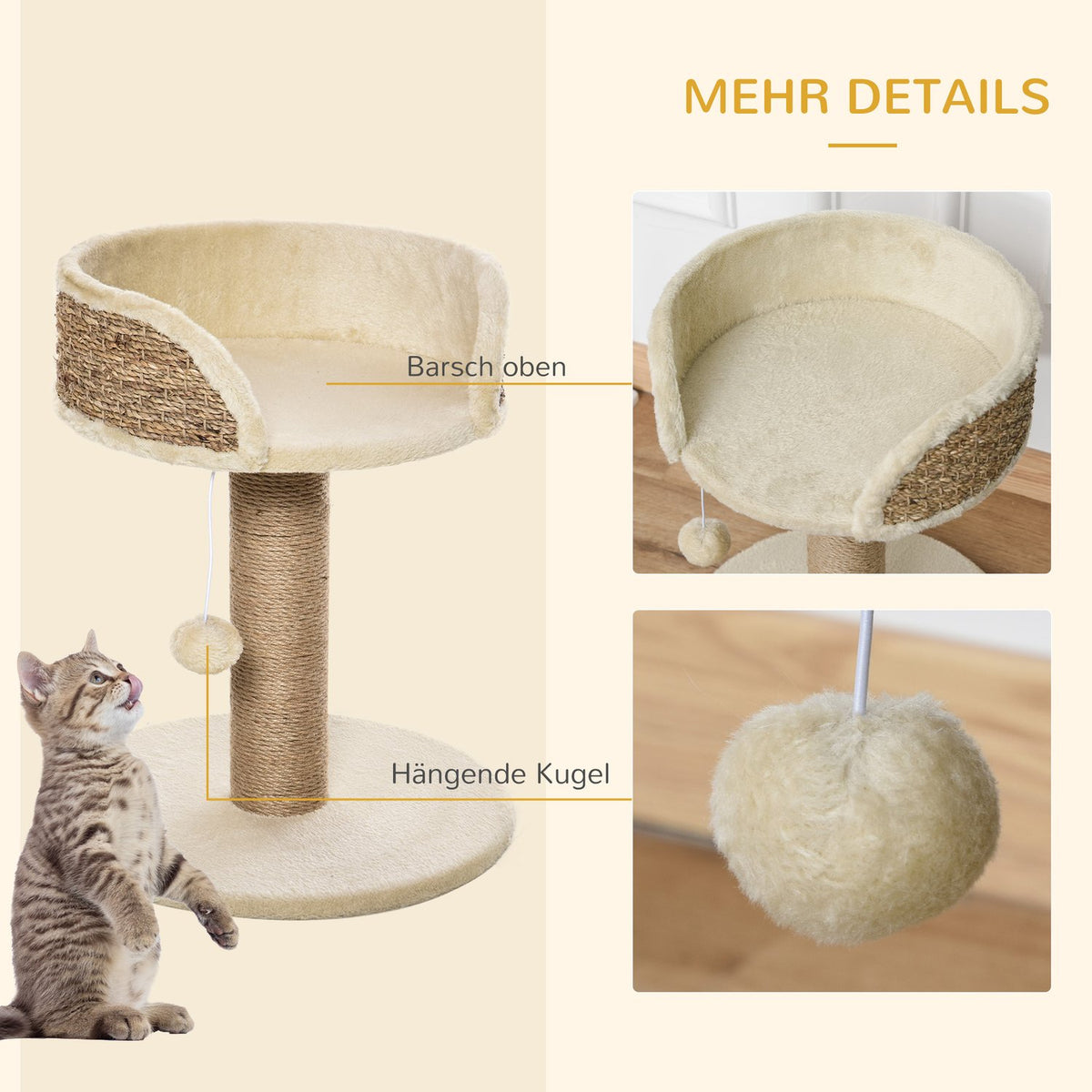Small Scratching Post, 49 Cm Cat Tree, Cat Scratching Post With Play Ball, Lying Surface, Climbing Tree For Cats Up To 4 Kg, Cat Furniture, Jute, Coffee