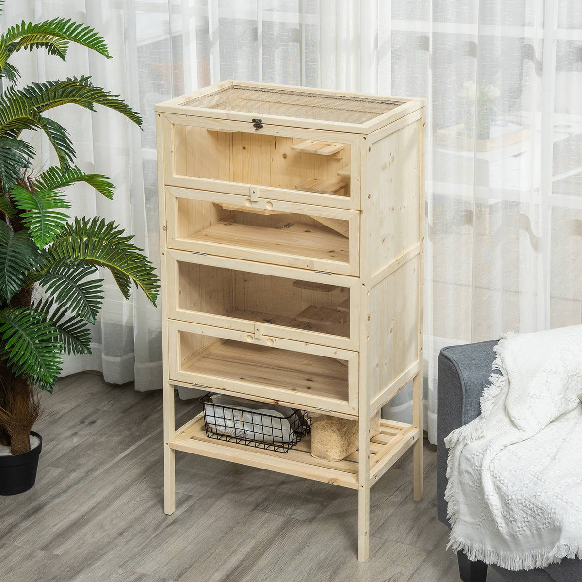 Small animal cage 5 levels with mesh roof ramps small animal stable cage rodent cage guinea pig hutch fir wood natural wood 60 x 40 x 120 cm