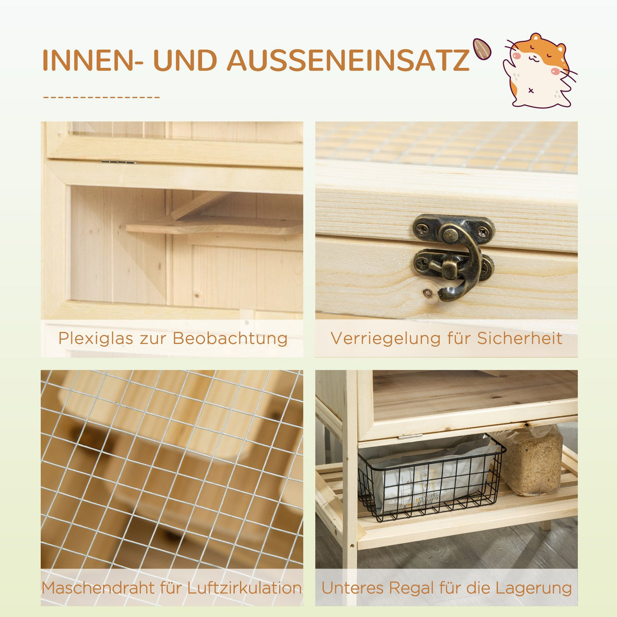 Small animal cage 5 levels with mesh roof ramps small animal stable cage rodent cage guinea pig hutch fir wood natural wood 60 x 40 x 120 cm