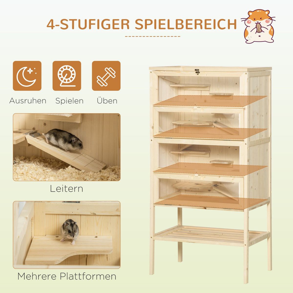 Small animal cage 5 levels with mesh roof ramps small animal stable cage rodent cage guinea pig hutch fir wood natural wood 60 x 40 x 120 cm