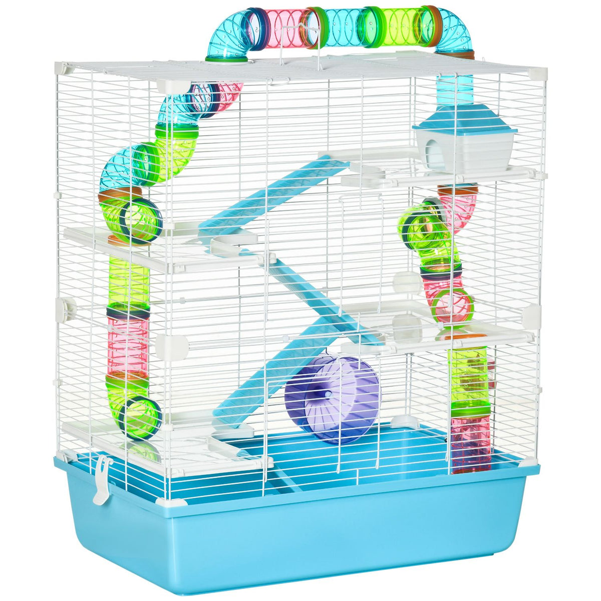 Small animal cage 5-tier rodent cage with ramp and running wheel for mice & small pets, 59x36x69cm, including feeding bowl made of steel wire