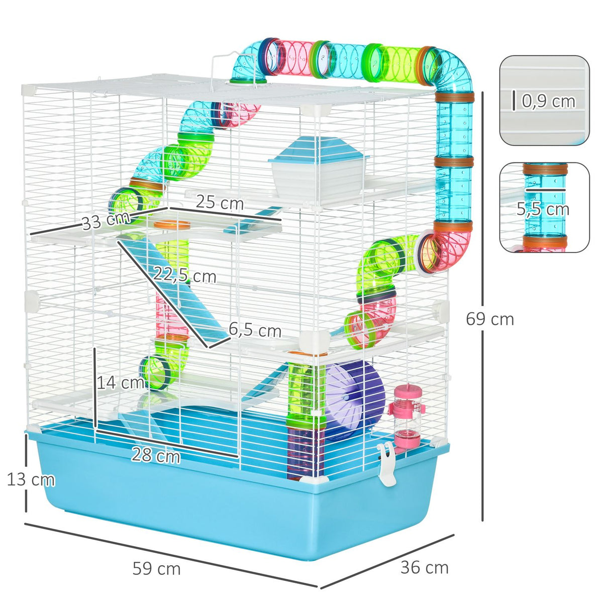 Small animal cage 5-tier rodent cage with ramp and running wheel for mice & small pets, 59x36x69cm, including feeding bowl made of steel wire