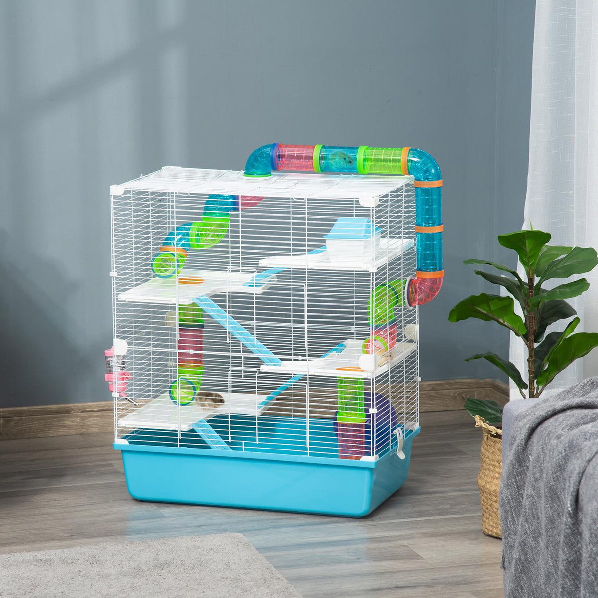 Small animal cage 5-tier rodent cage with ramp and running wheel for mice & small pets, 59x36x69cm, including feeding bowl made of steel wire