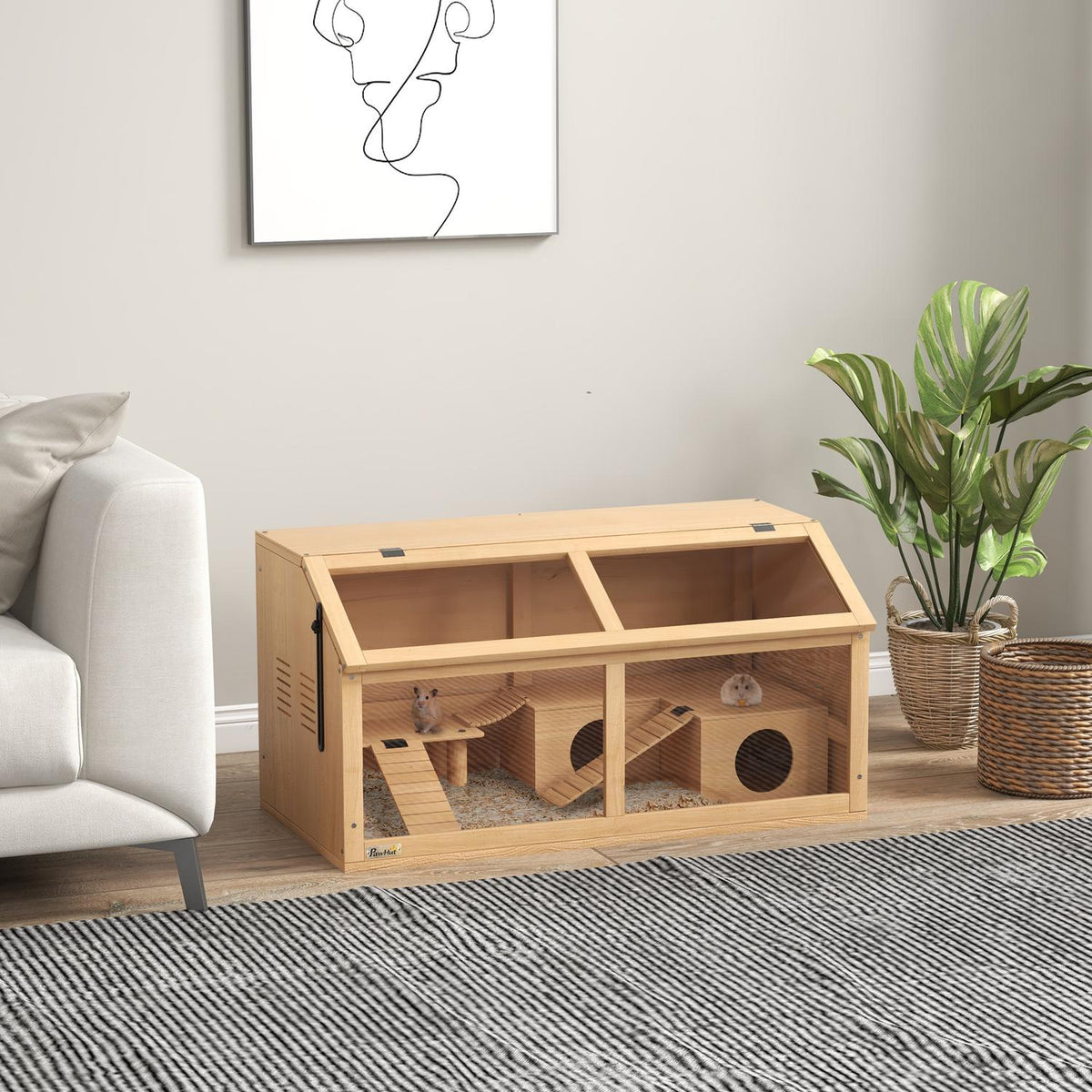 Small animal cage made of wood, small animal stable with suspension bridge, ladders, hut, 84 x 45 x 44 cm rodent cage with top door, for dwarf hamsters, natural