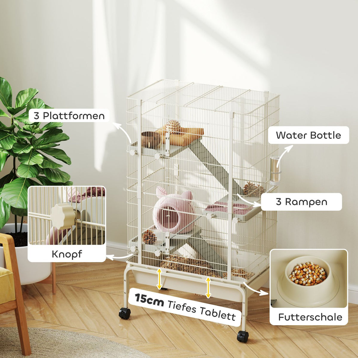 Small animal cage, rodent cage, ferret cage with 3 ramps, mouse cage with extendable tray, food bowl, water bottle, cage with accessories for chinchilla, squirrel, dwarf hamster beige |