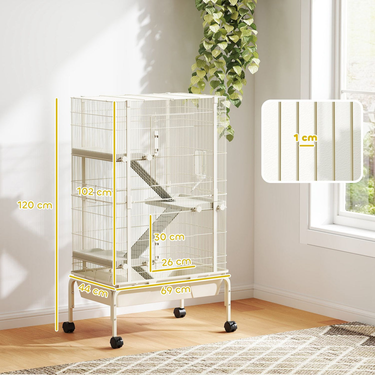 Small animal cage, rodent cage, ferret cage with 3 ramps, mouse cage with extendable tray, food bowl, water bottle, cage with accessories for chinchilla, squirrel, dwarf hamster beige |