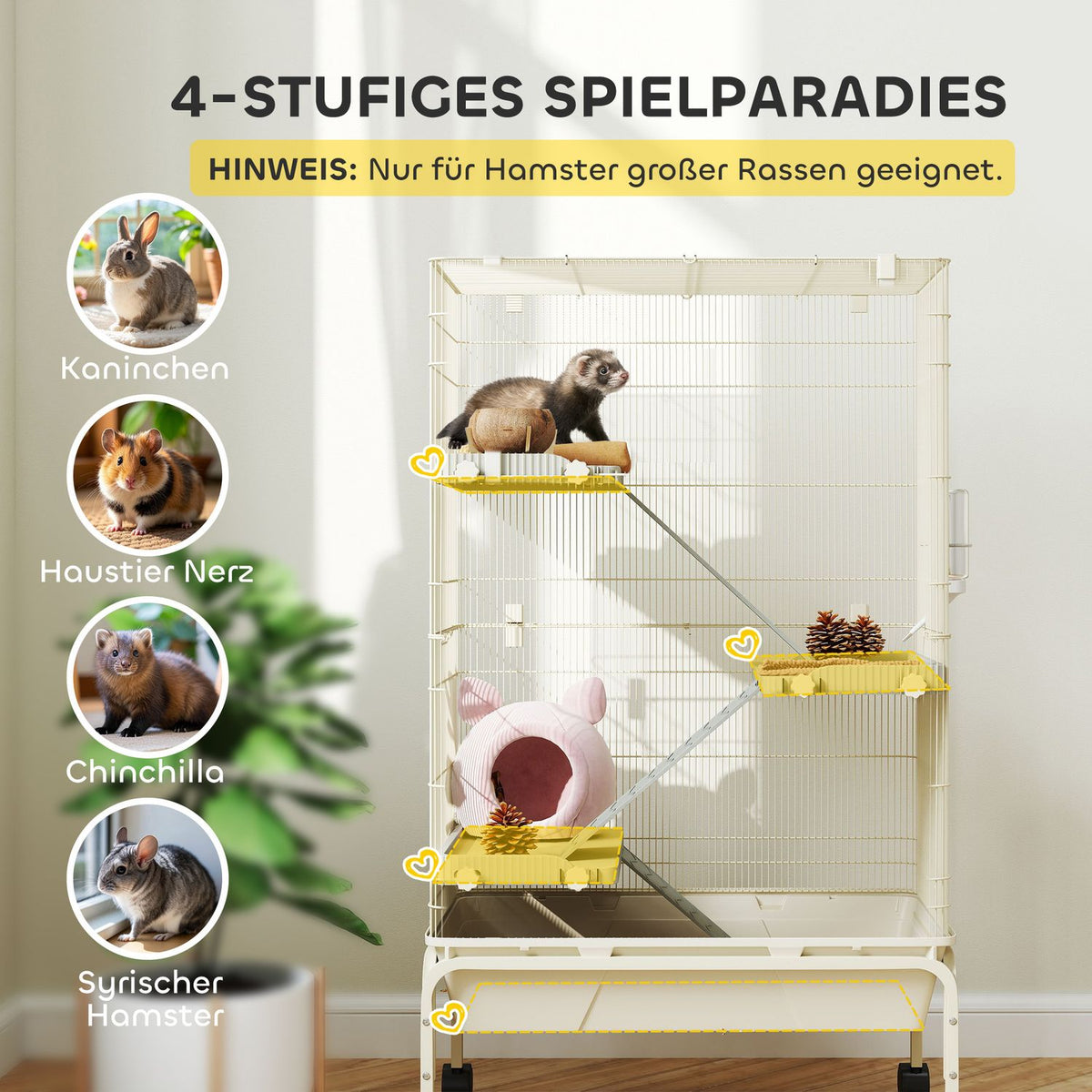 Small animal cage, rodent cage, ferret cage with 3 ramps, mouse cage with extendable tray, food bowl, water bottle, cage with accessories for chinchilla, squirrel, dwarf hamster beige |