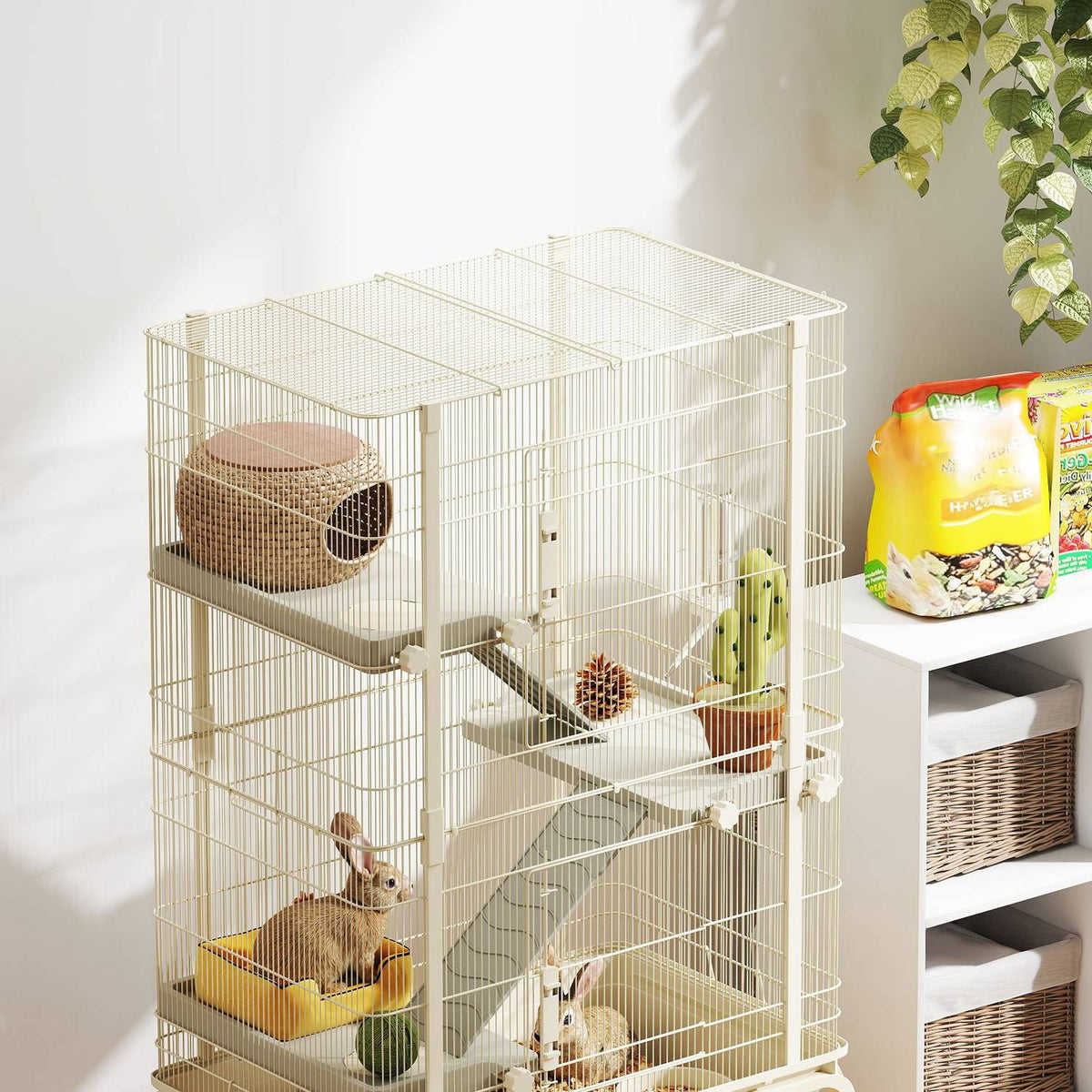 Small animal cage, rodent cage, ferret cage with 3 ramps, mouse cage with extendable tray, food bowl, water bottle, cage with accessories for chinchilla, squirrel, dwarf hamster beige |