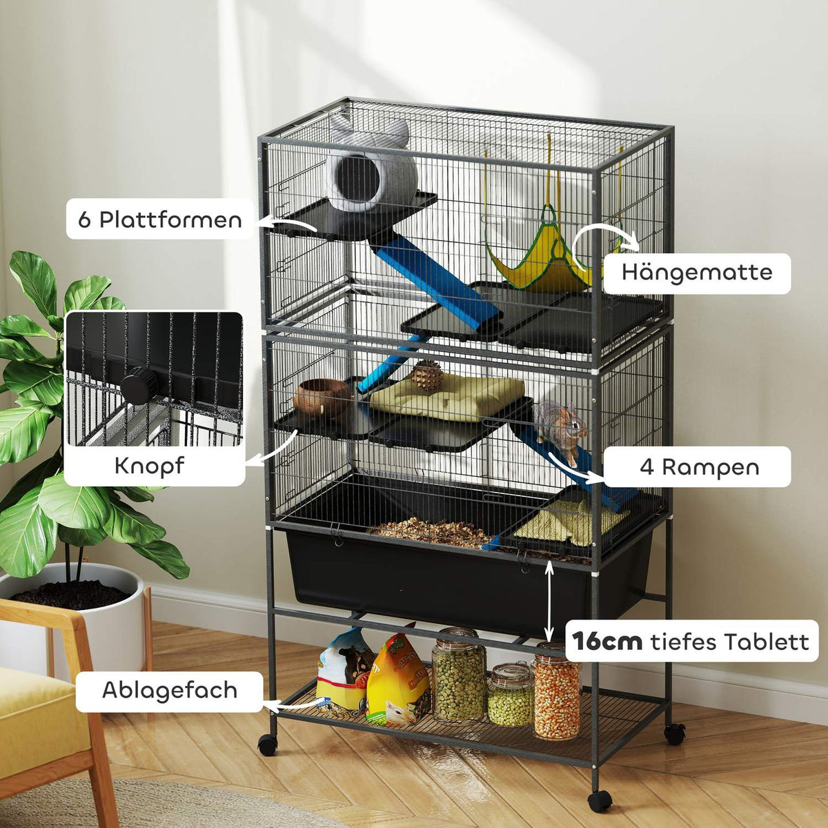 Small animal cage, rodent cage, ferret cage with pull-out tray, mouse cage with ramps, hammock, wheels, shelf, cage with accessories for squirrels, dwarf hamsters, chinchillas, dark gray |
