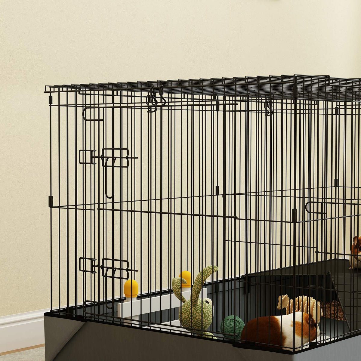 Small animal cage, small animal hutch with ramp, partition, rodent cage with removable cover, fabric base, rabbit cage for small animals, steel black