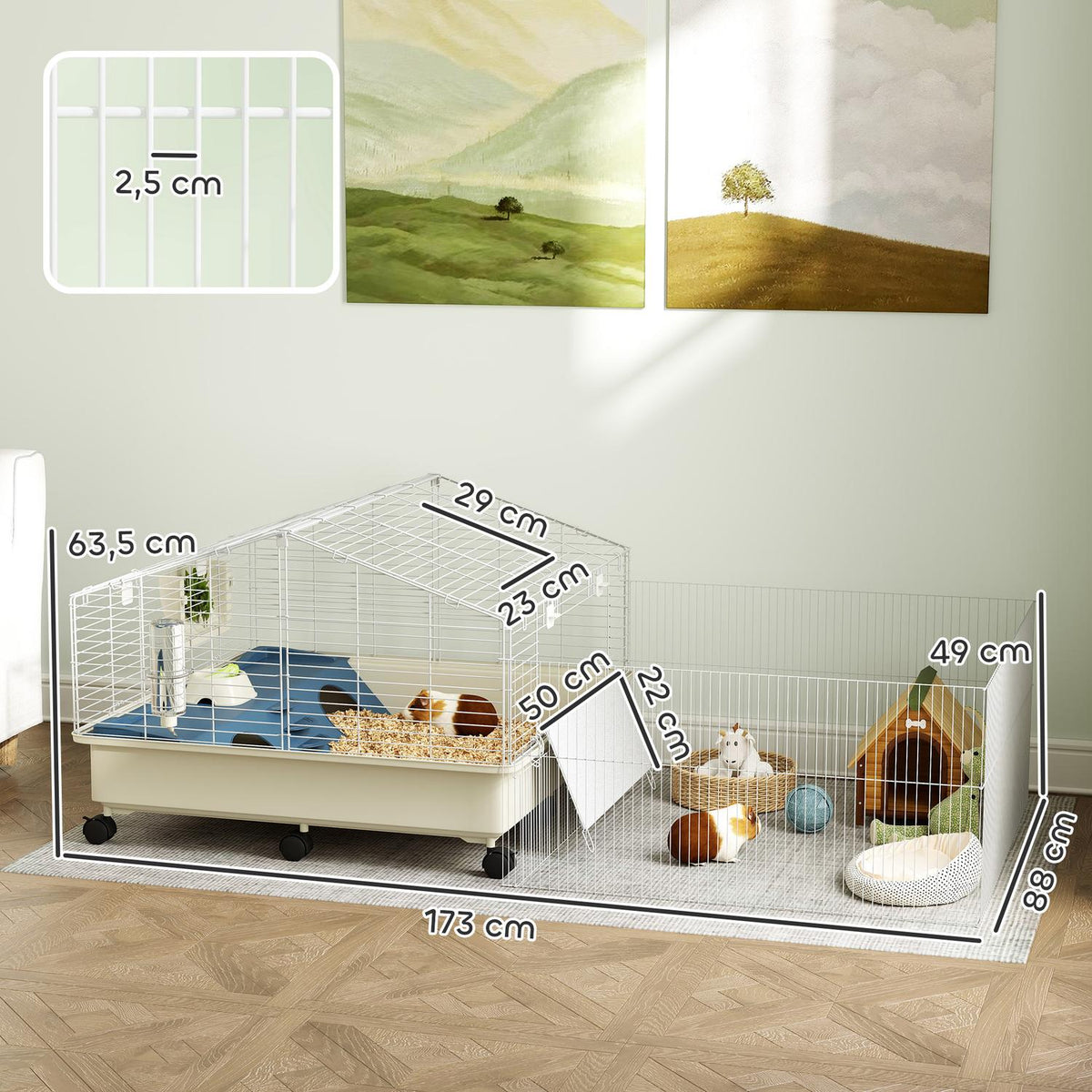 Small animal cage with playpen, rabbit cage, small animal hutch with water bottle, hay feeding, food bowl, ramp rodent cage with wheels for guinea pigs and hedgehogs white