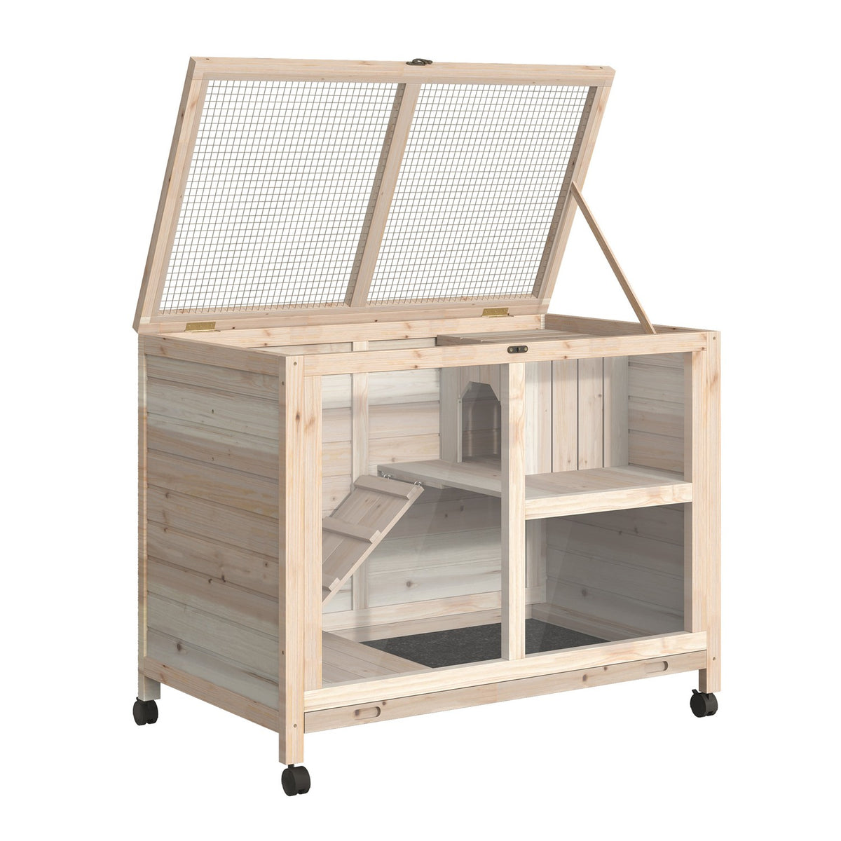 Small animal cage with wheels Guinea pig cage Small animal stable Small animal house inside and outside winterproof natural fir wood 91.5 x 53.3 x 73 cm