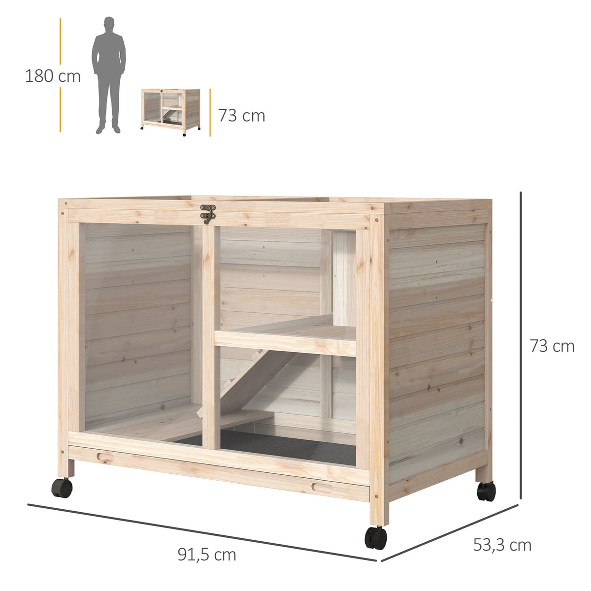 Small animal cage with wheels Guinea pig cage Small animal stable Small animal house inside and outside winterproof natural fir wood 91.5 x 53.3 x 73 cm