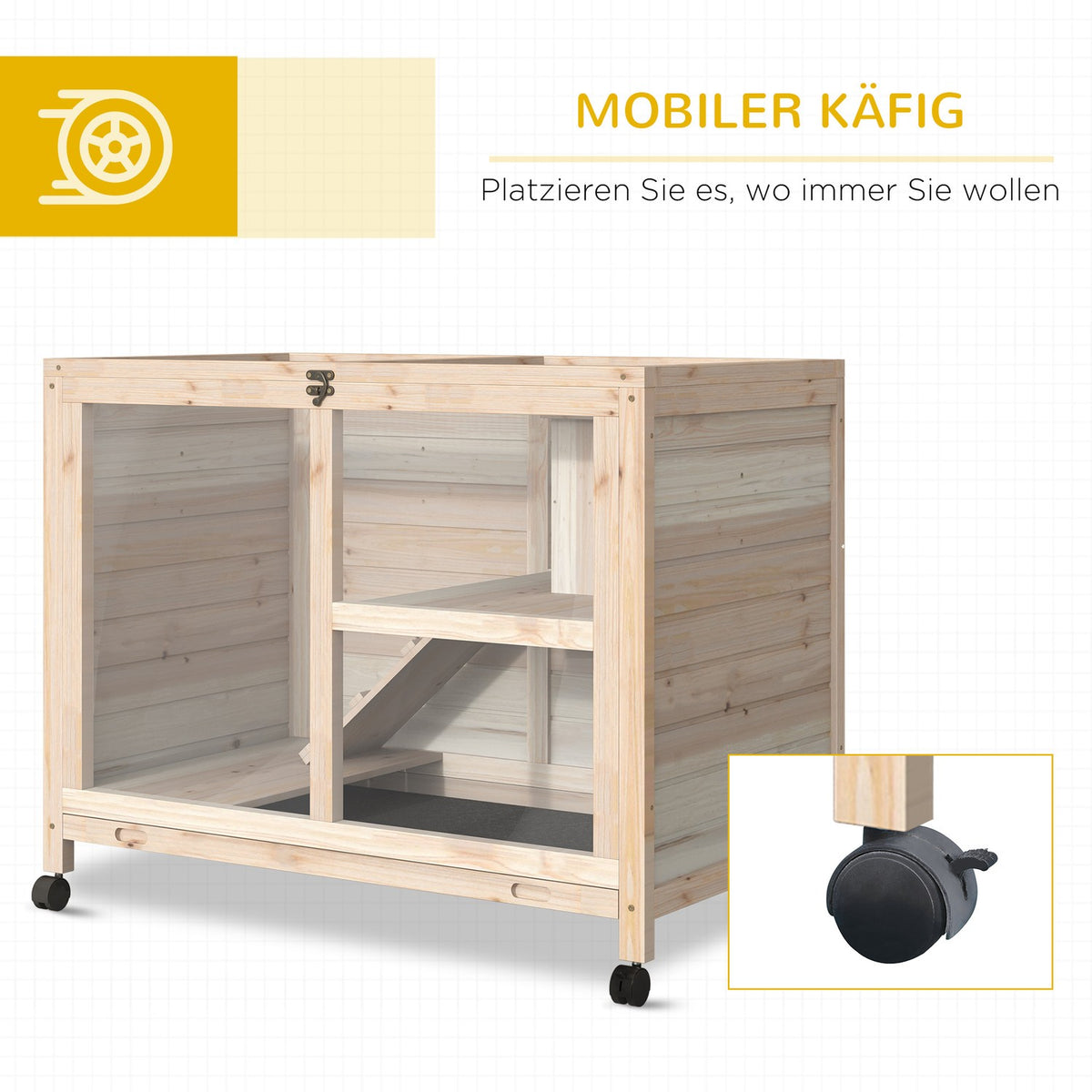 Small animal cage with wheels Guinea pig cage Small animal stable Small animal house inside and outside winterproof natural fir wood 91.5 x 53.3 x 73 cm