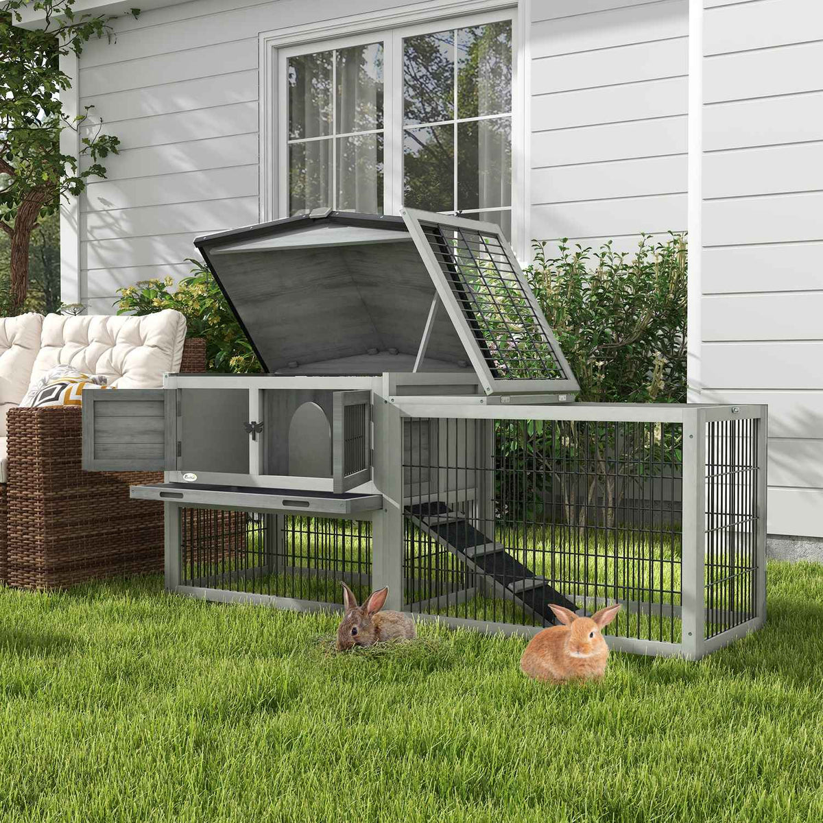 Small animal hutch small animal cage with outdoor enclosure guinea pig hutch free-range enclosure winterproof outdoor animal hutch fir wood gray 150 cm x 52 cm x 68 cm |