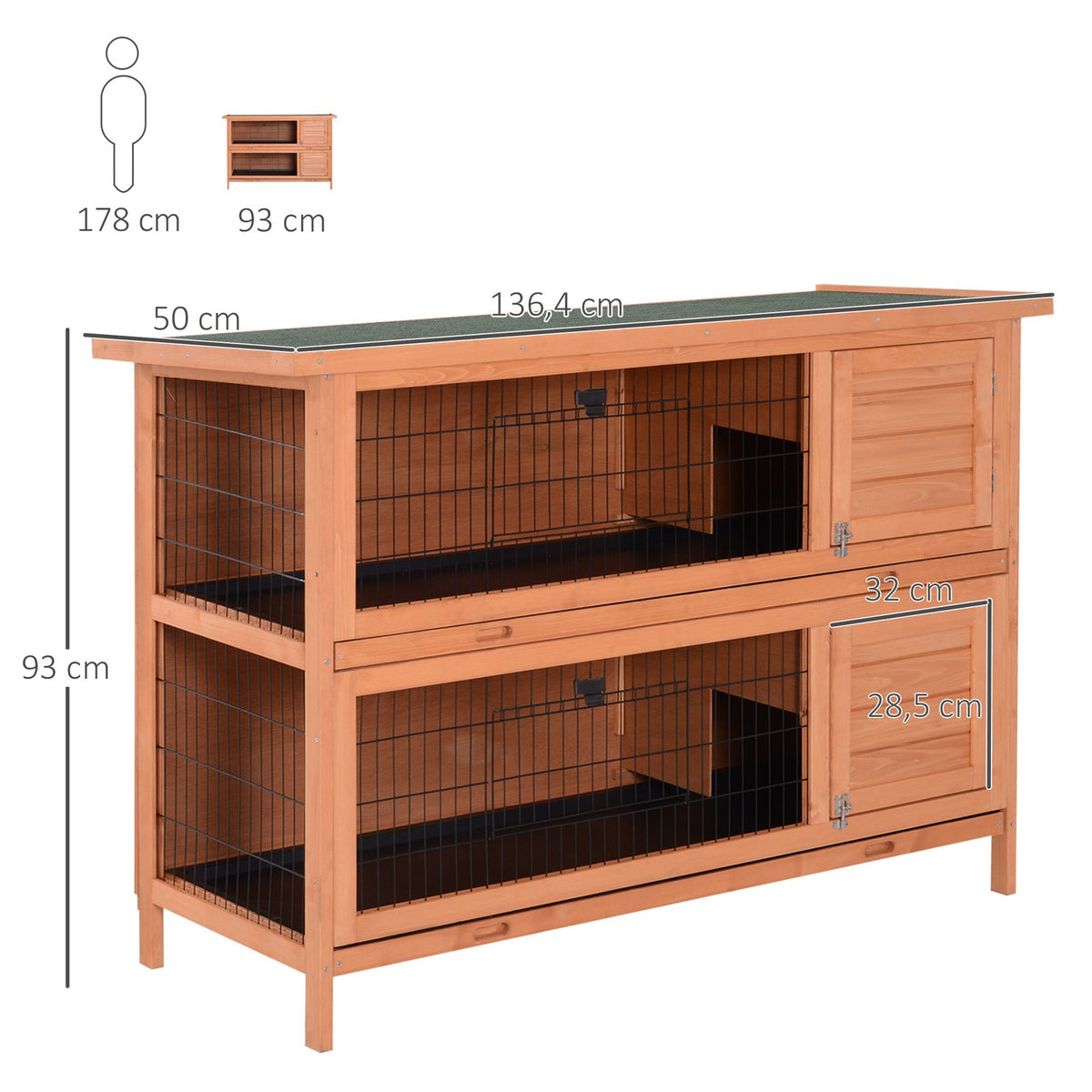 Small animal pen, double-decker, small animal cage for guinea pigs made of fir wood, orange, 136.4 cm x 50 cm x 93 cm