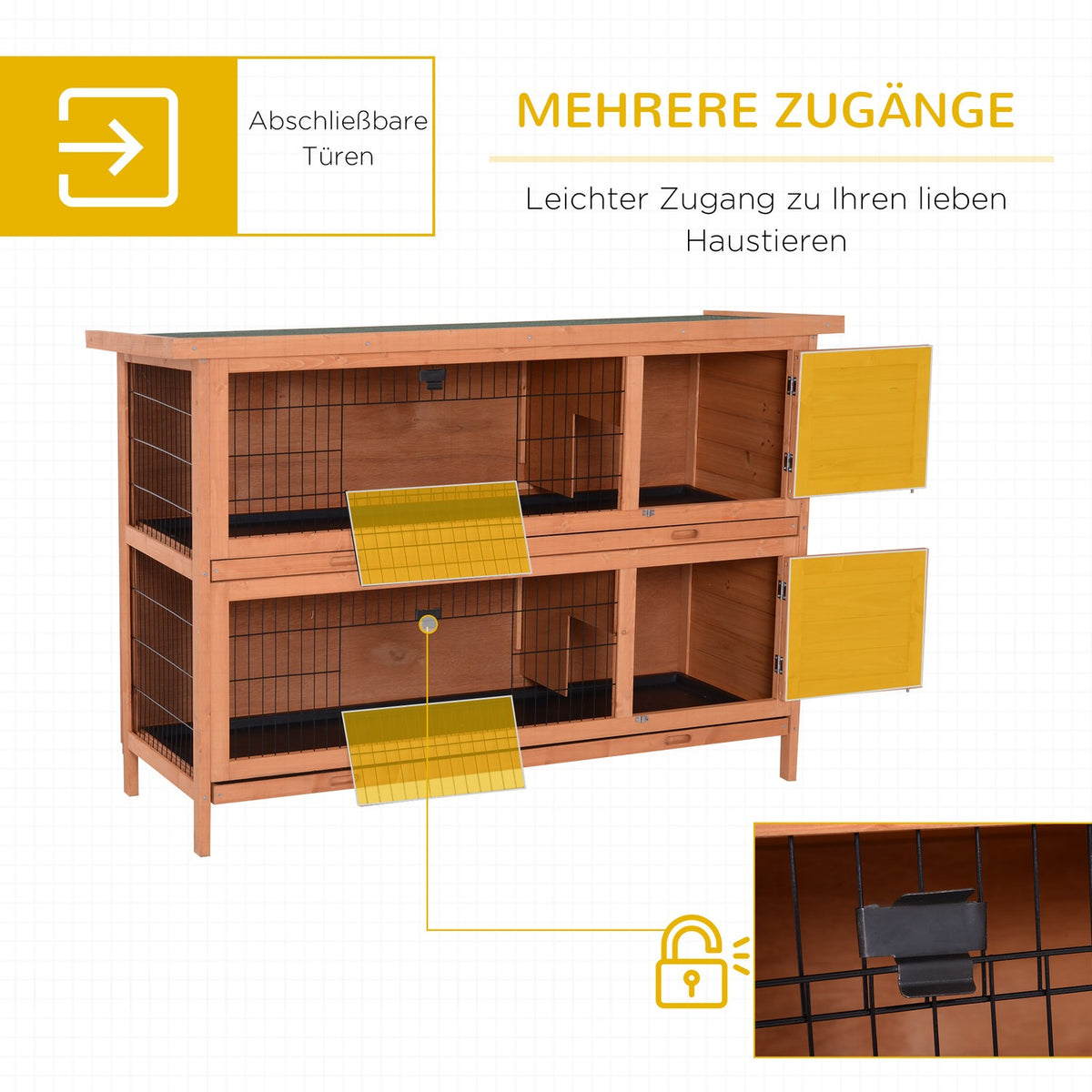 Small animal pen, double-decker, small animal cage for guinea pigs made of fir wood, orange, 136.4 cm x 50 cm x 93 cm