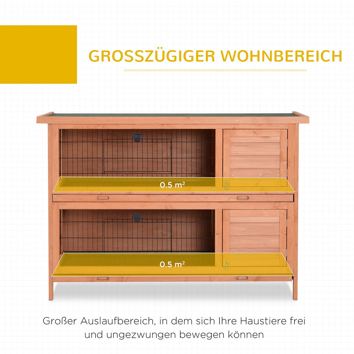 Small animal pen, double-decker, small animal cage for guinea pigs made of fir wood, orange, 136.4 cm x 50 cm x 93 cm