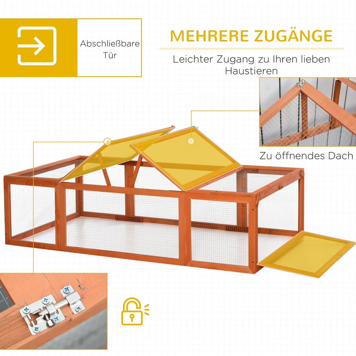 Small animal stable small animal cage 180 x 90 x 48 cm with outdoor enclosure multifunctional fir wood orange