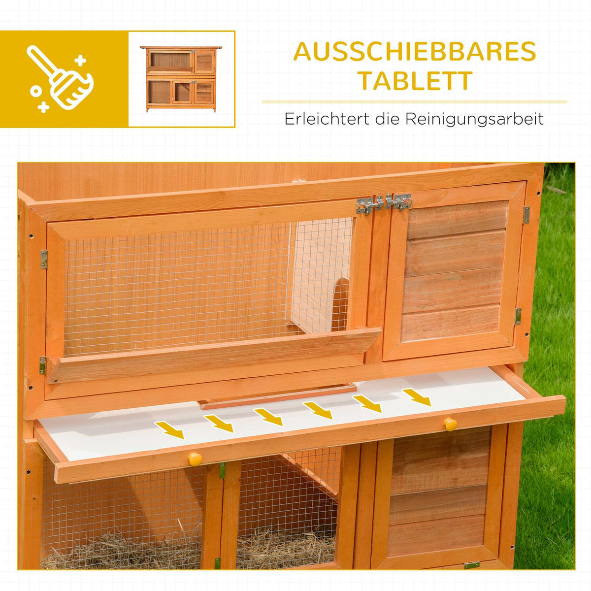 Small animal stable, small animal cage, small animal house with roof, guinea pig hutch, double deck, fir wood, yellow, 120 x 48 x 100 cm