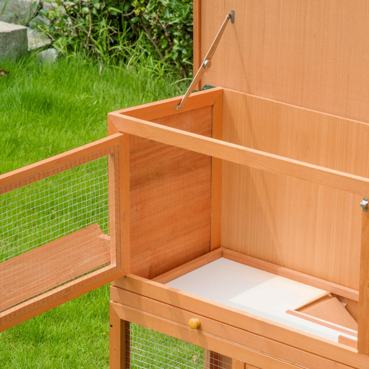 Small animal stable, small animal cage, small animal house with roof, guinea pig hutch, double deck, fir wood, yellow, 120 x 48 x 100 cm