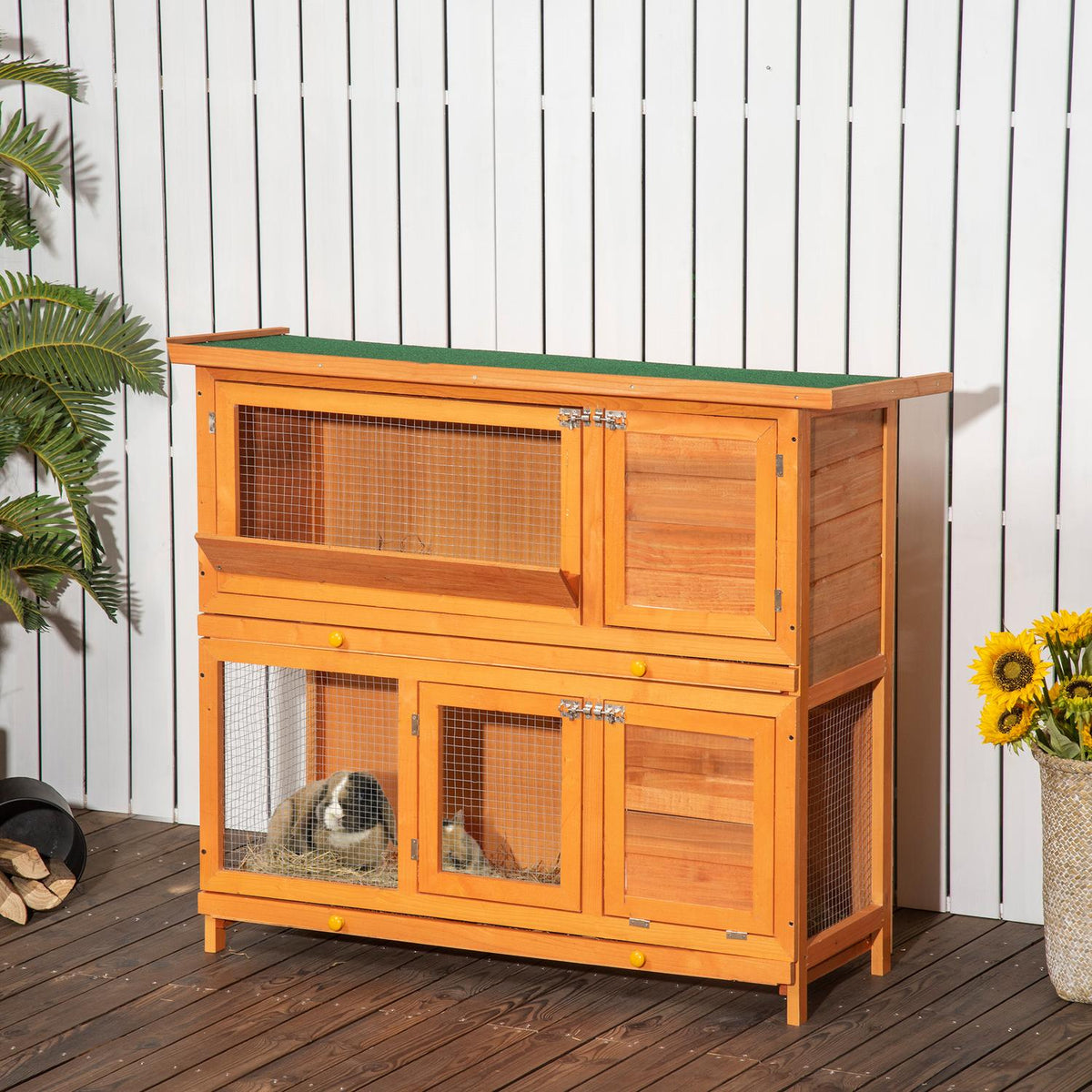 Small animal stable, small animal cage, small animal house with roof, guinea pig hutch, double deck, fir wood, yellow, 120 x 48 x 100 cm