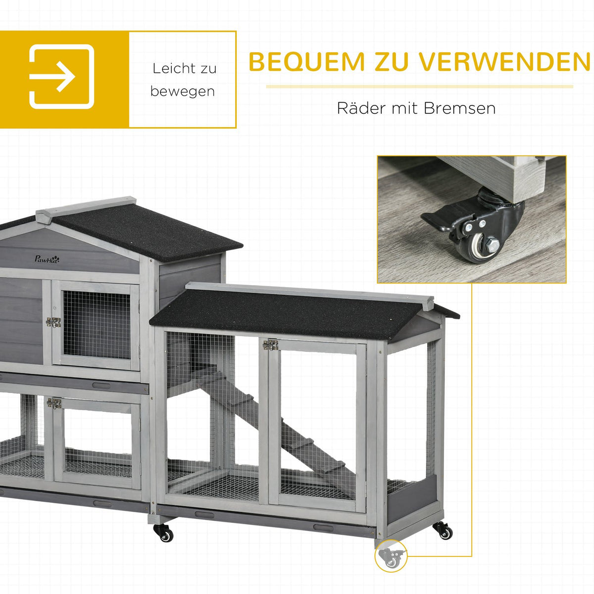 Small animal stable small animal house 157.4x53x99.5cm with wheels outdoor enclosure asphalt roof double-story fir wood steel gray