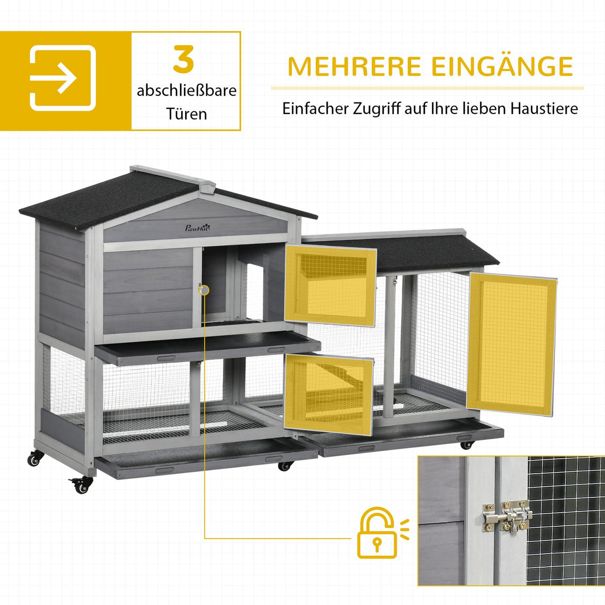 Small animal stable small animal house 157.4x53x99.5cm with wheels outdoor enclosure asphalt roof double-story fir wood steel gray