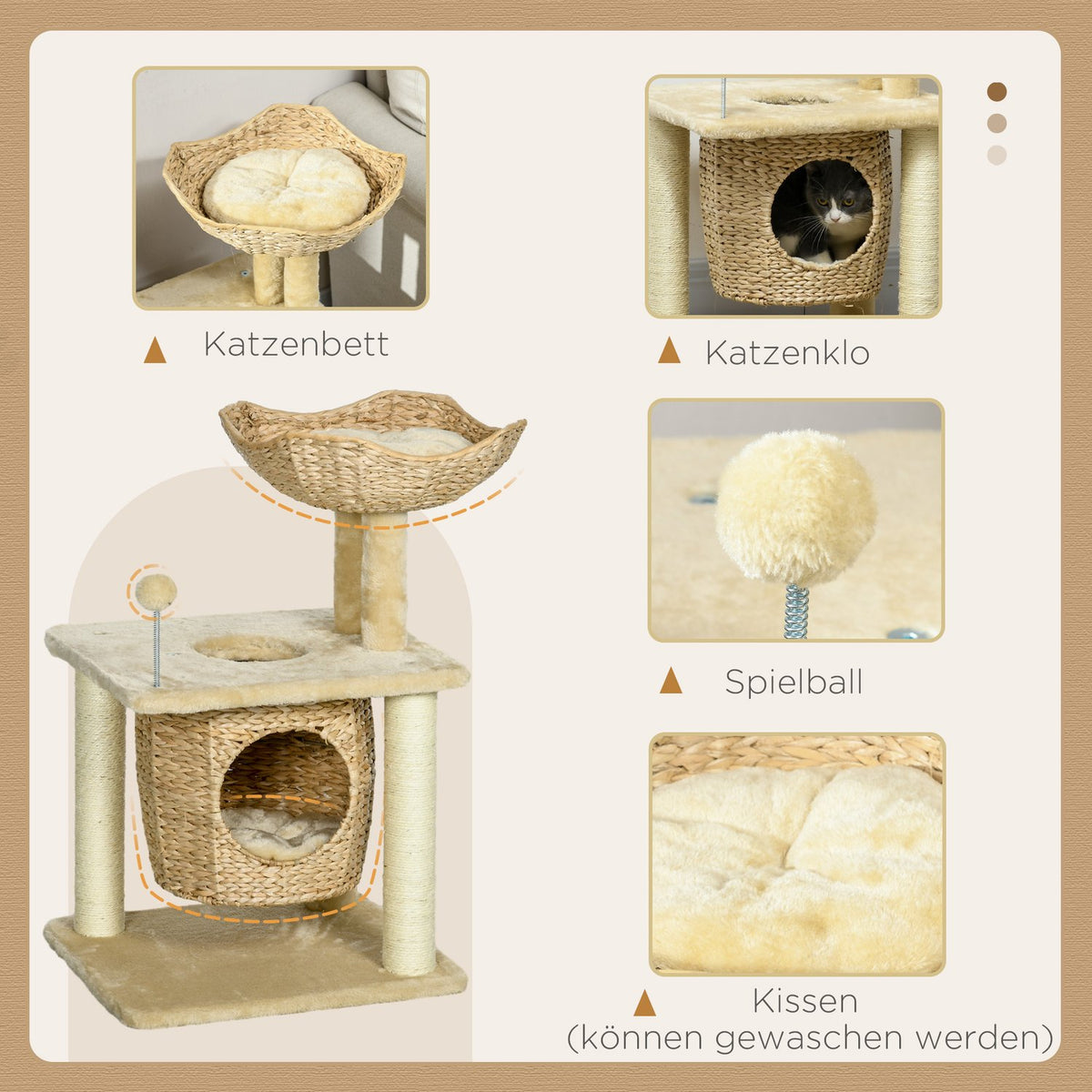 Small cat scratching post, 74 cm cat tree with cat cave, play ball, indoor climbing tower with bed, scratching furniture for cats up to 5 kg, beige