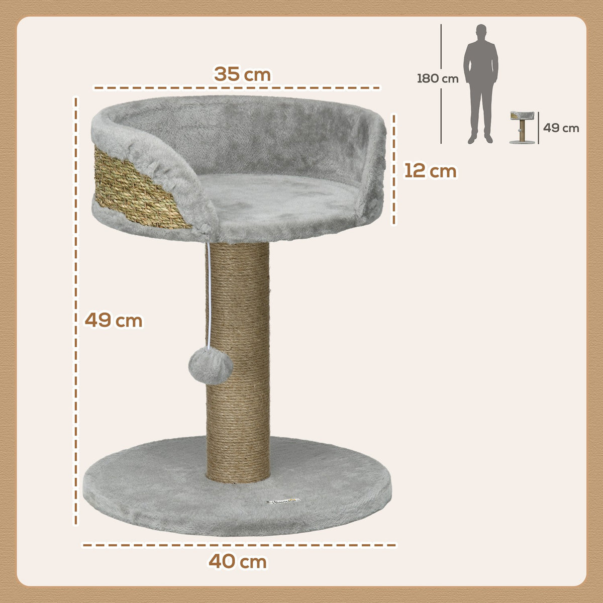 Small scratching post, 49 cm cat tree, cat scratching post with play ball, lying area, climbing tree for cats up to 4 kg, cat furniture, jute gray