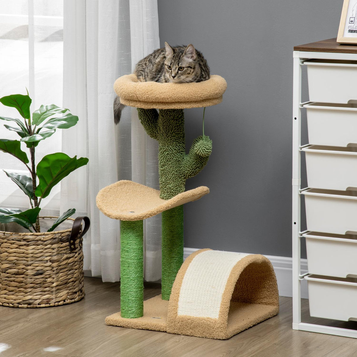 Small scratching post, cat scratching post, scratching post for cats under 4 kg with cat scratching board, scratching post, cat stimulus ball 40 x 35 x 72 cm brown