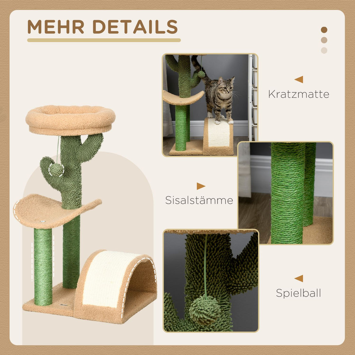 Small scratching post, cat scratching post, scratching post for cats under 4 kg with cat scratching board, scratching post, cat stimulus ball 40 x 35 x 72 cm brown
