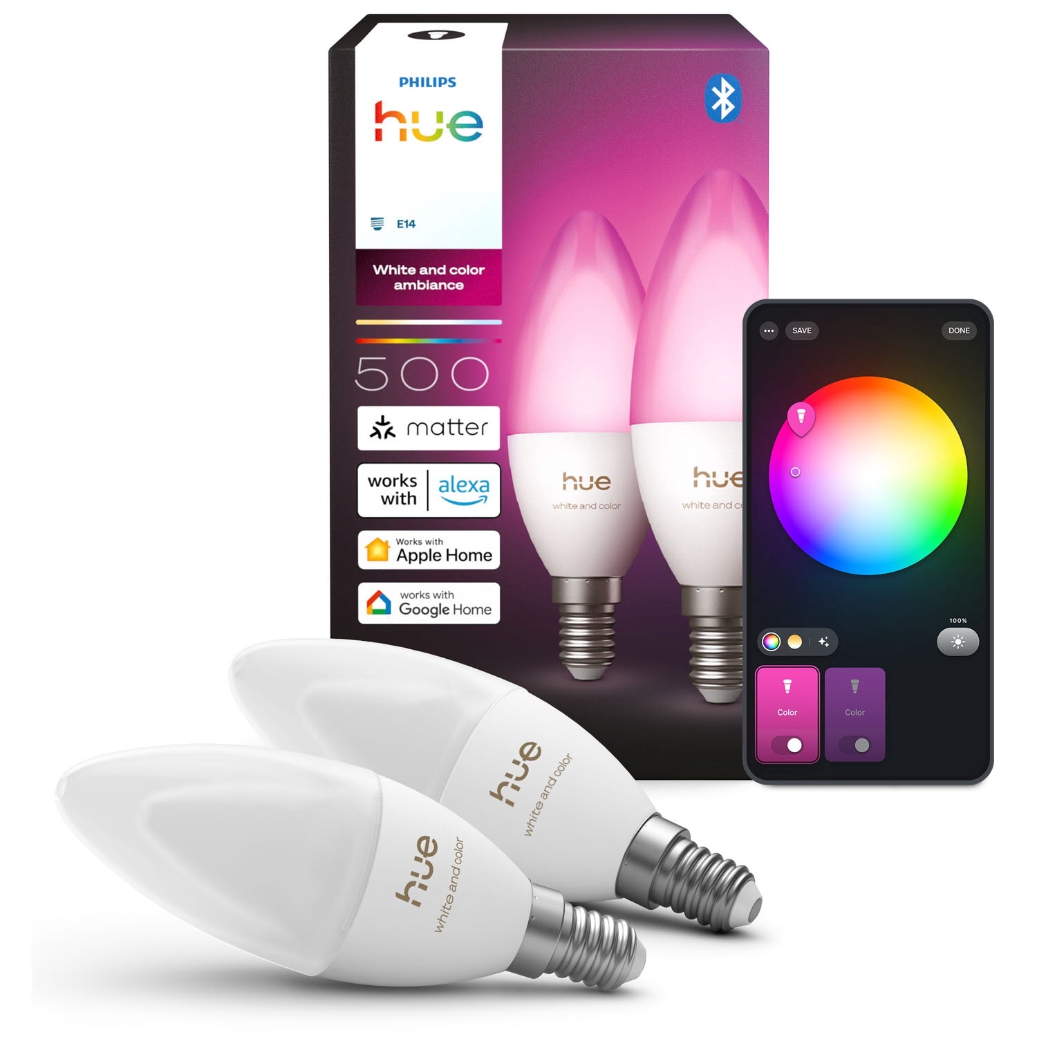 Smart E14 Kron Light Bulbs, White & Color, 2-Pack