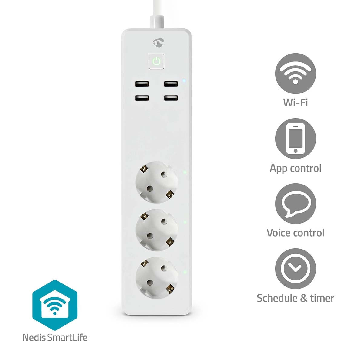 SmartLife Branch connector | Wi-Fi | 3x Grounded connector (CEE 7/3) / 4 x USB | 16 A| 3680 W | 1.80 m | -10 - 40 °C | Android™ / IOS | White