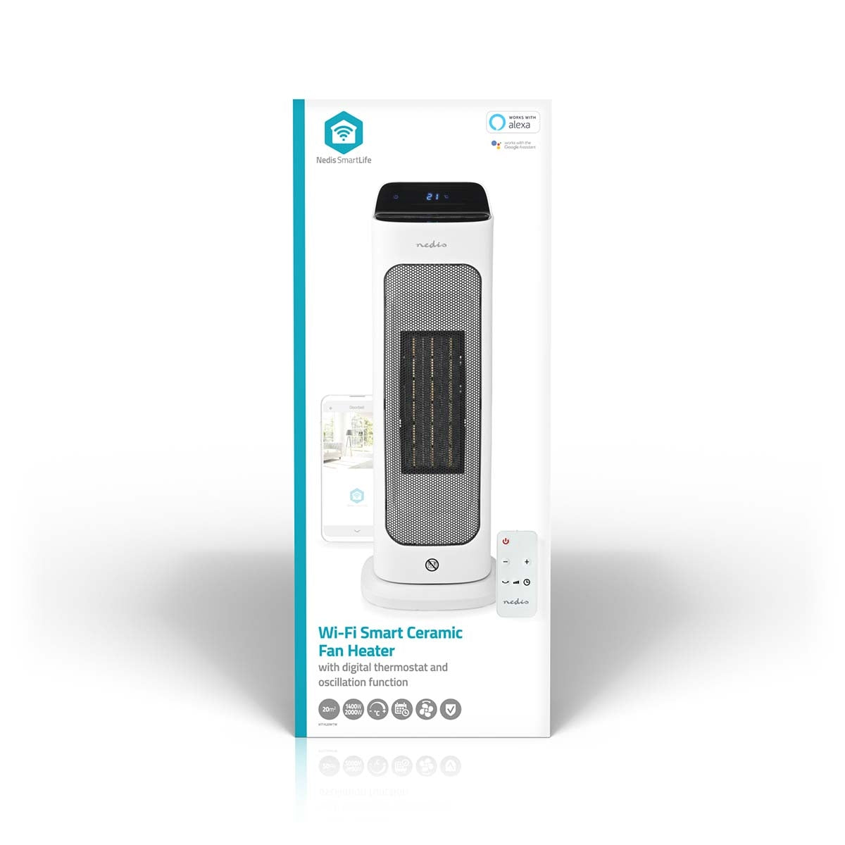 SmartLife Ceramic PTC Fan Heater | Wi-Fi | 2000 W | 2 Heat settings | Oscillation | Display | 10 - 49 °C | Android™ / IOS | White