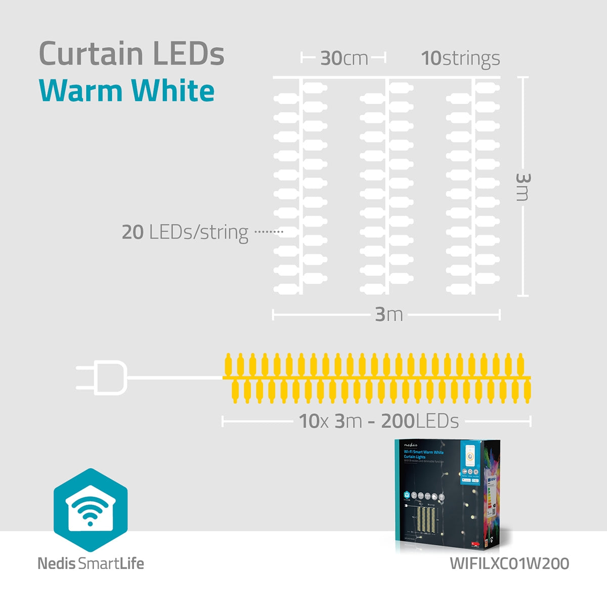 SmartLife Christmas Lighting | Curtain | Wi-Fi | Warm White | 200 LEDs | 3.00 m | Android™ / IOS
