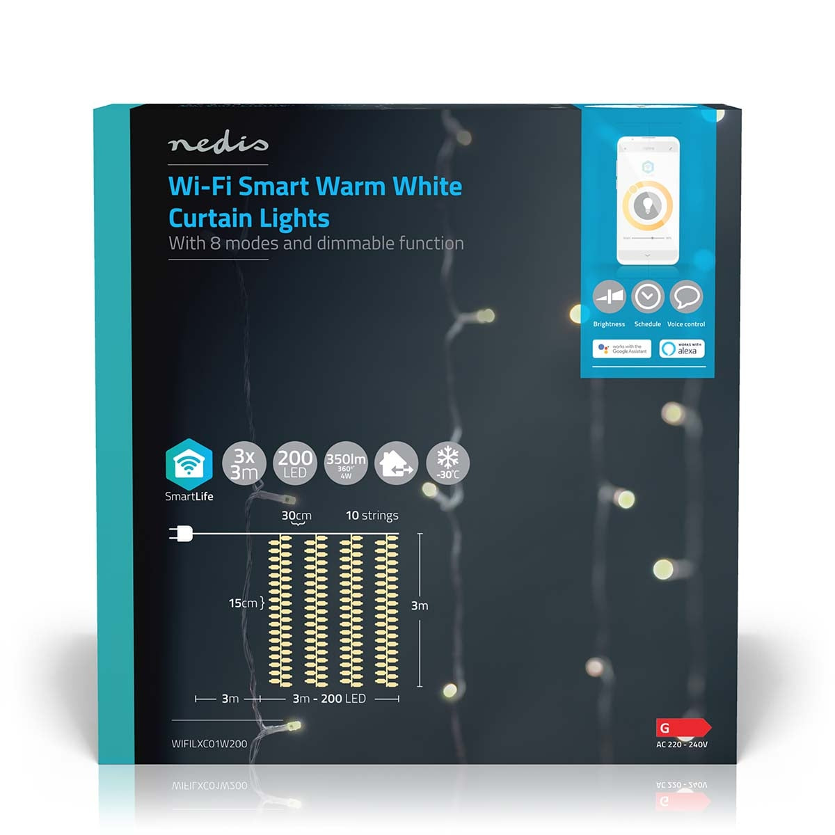 SmartLife Christmas Lighting | Curtain | Wi-Fi | Warm White | 200 LEDs | 3.00 m | Android™ / IOS