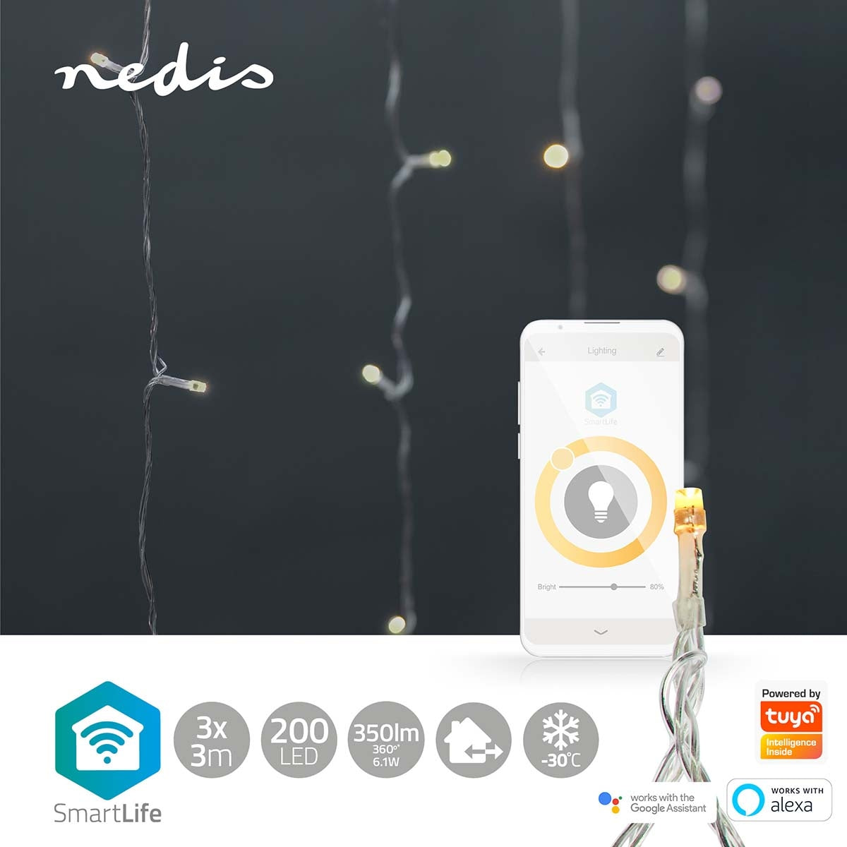 SmartLife Christmas Lighting | Curtain | Wi-Fi | Warm White | 200 LEDs | 3.00 m | Android™ / IOS