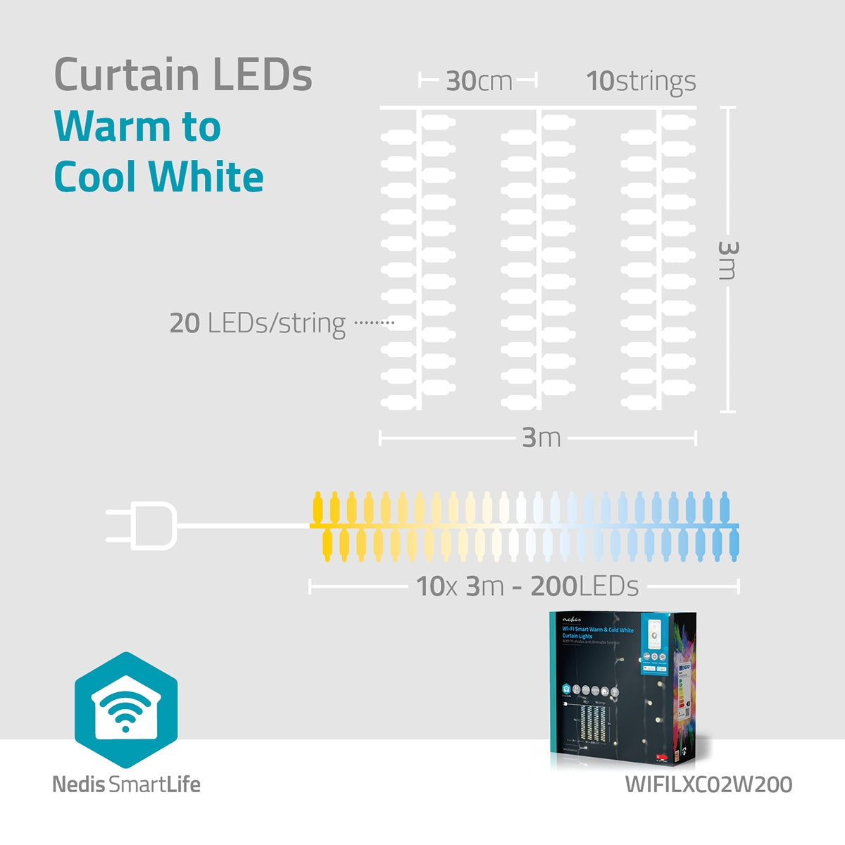 SmartLife Christmas Lighting | Curtain | Wi-Fi | Warm to cool white | 200 LEDs | 3 m| Android™ / IOS