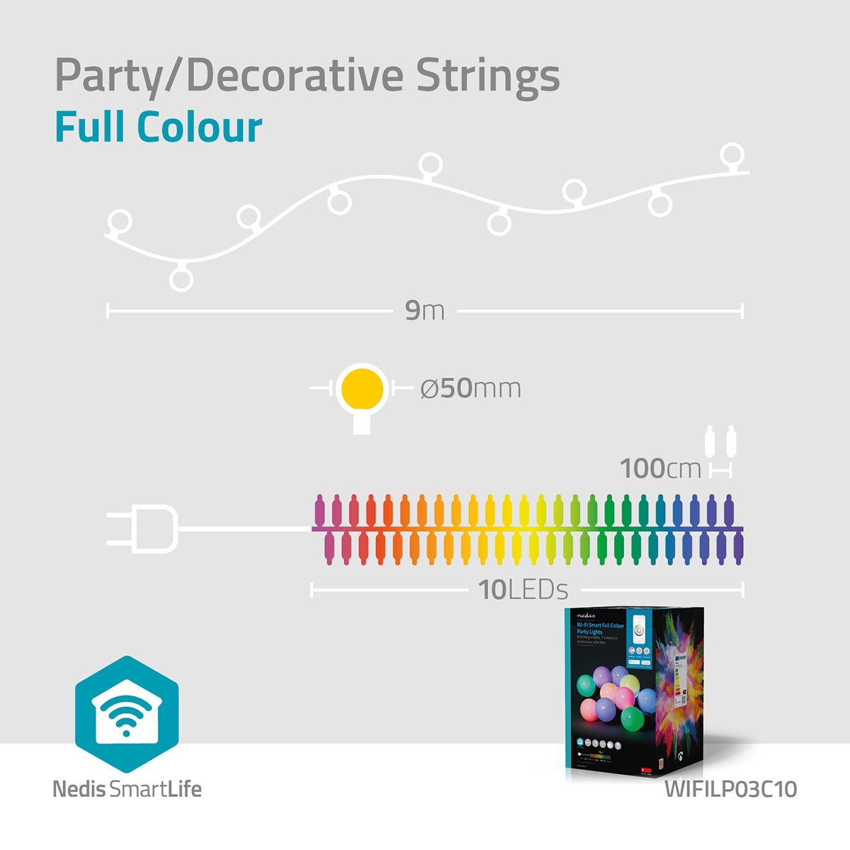 SmartLife Christmas Lighting | Party lights | Wi-Fi | RGB | 10 LEDs | 9.00 m | Android™ / IOS | Bulb diameter: 50 mm