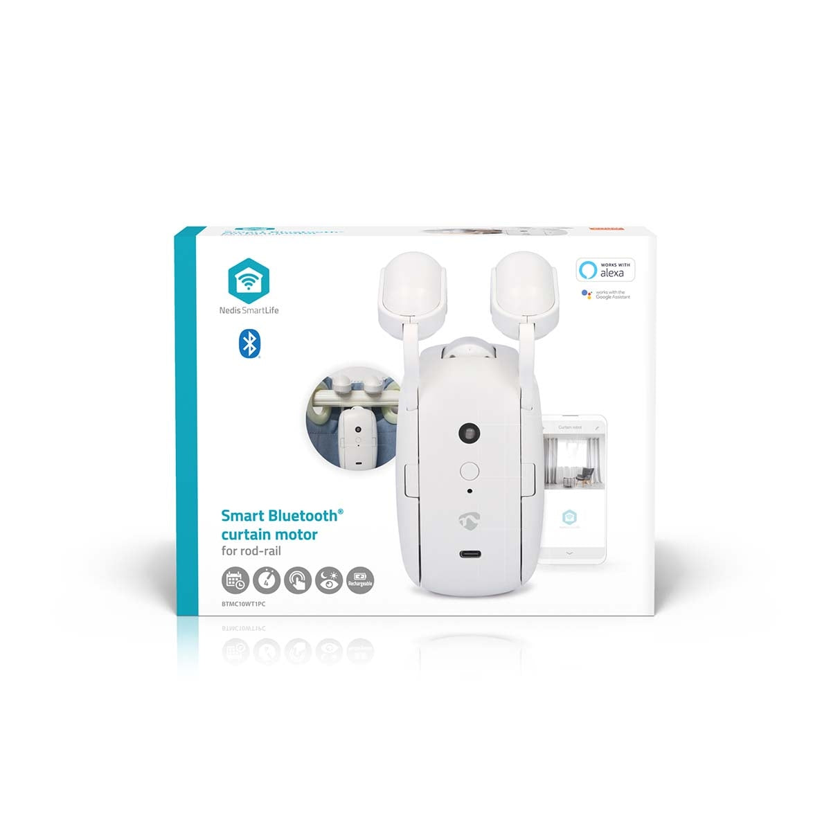 SmartLife Curtain Robot | Rod Rail | Curtains / Drapes | Battery Powered / USB Powered | 4000 mAh | Bluetooth® | White