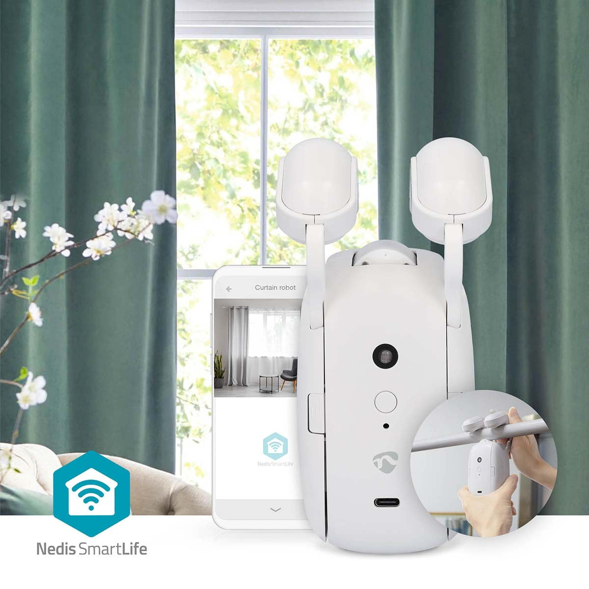SmartLife Curtain Robot | Rod Rail | Curtains / Drapes | Battery Powered / USB Powered | 4000 mAh | Bluetooth® | White
