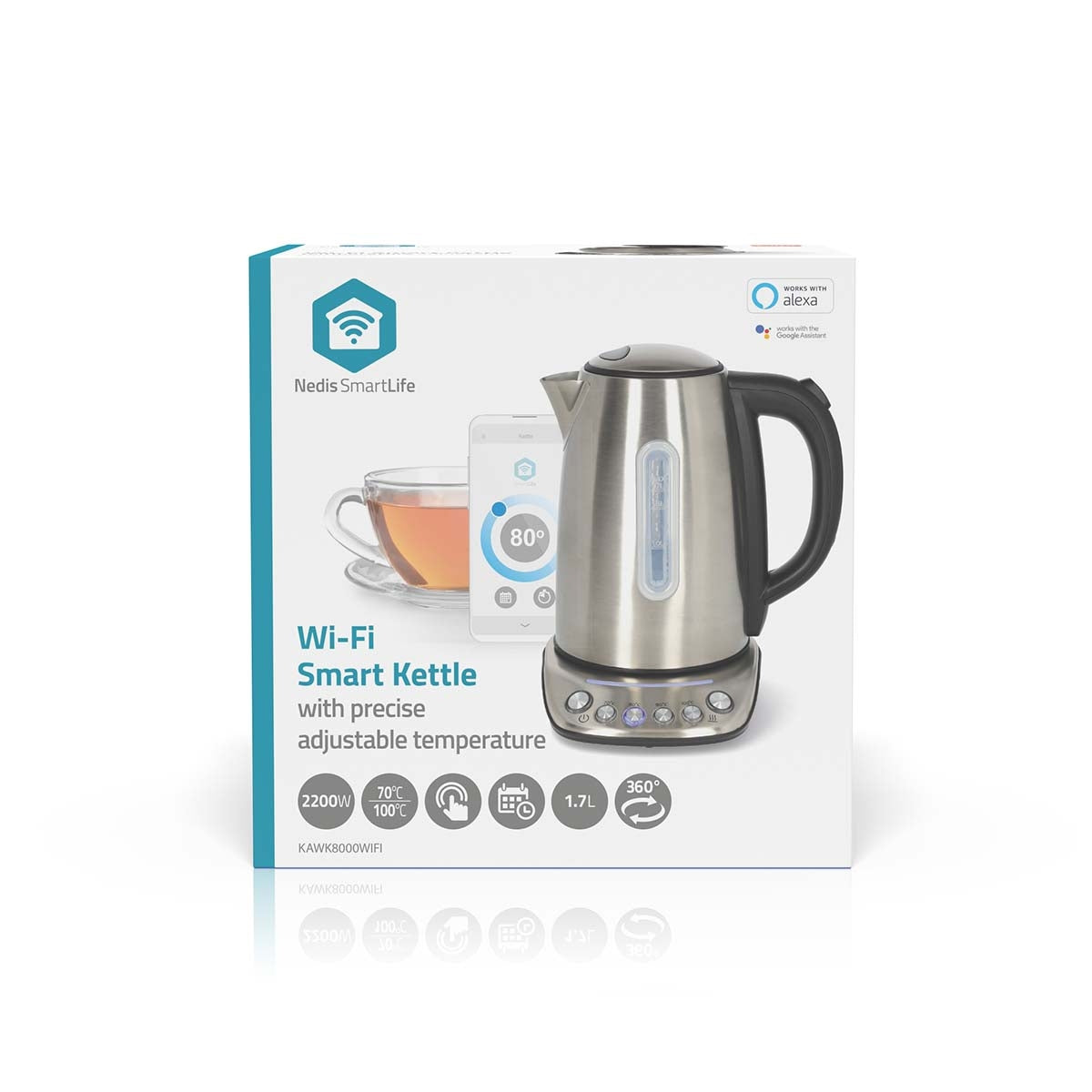 SmartLife Electric Kettle | Wi-Fi | 1.7 l | Stainless Steel | 70,80,90,100 °C | Temperature indicator | Rotatable 360 degrees | Concealed heating element | Strix® controller | Android™ / IOS