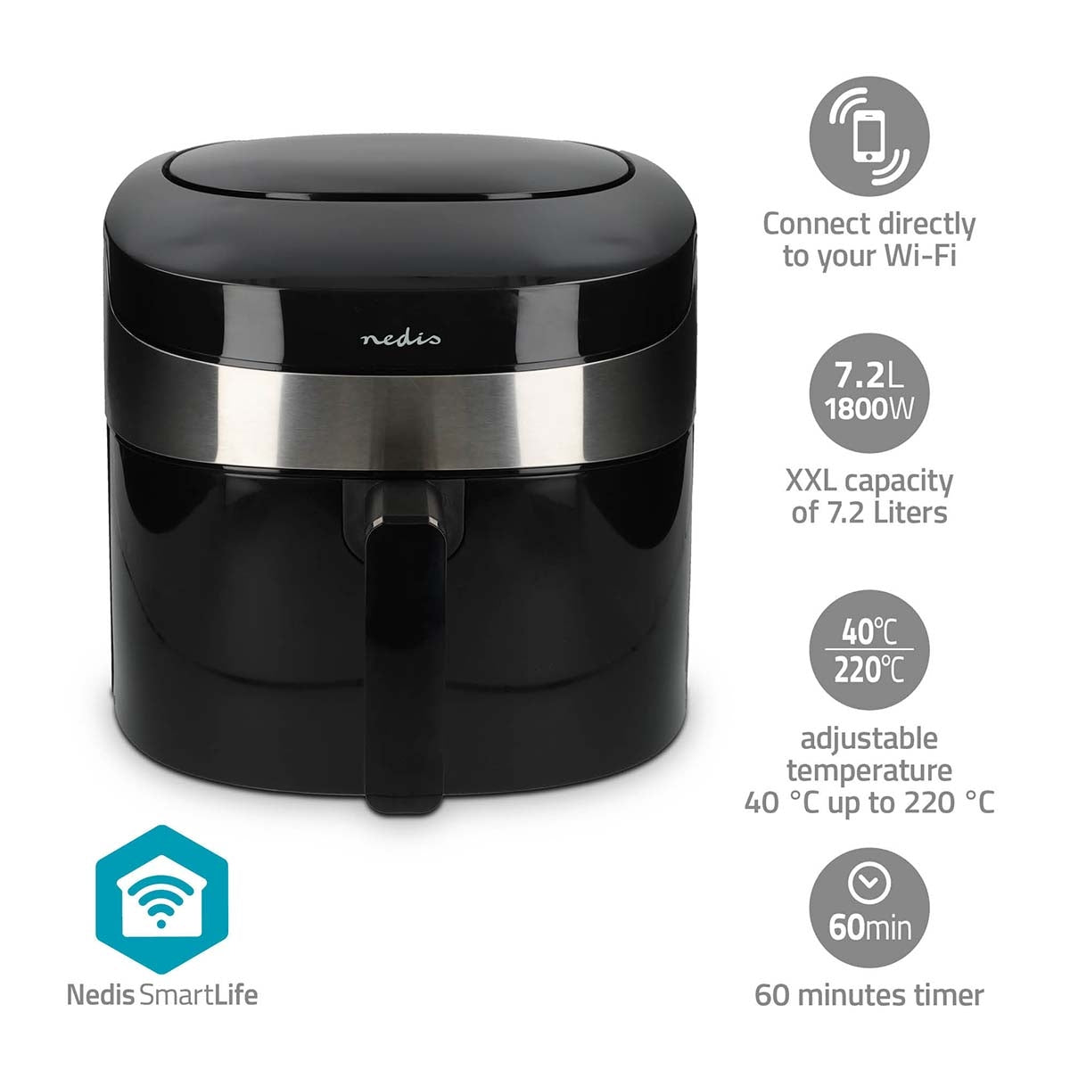 SmartLife Hot Air Fryer | Wi-Fi | 7,2 l | Timer: 240 min | Number of preset programs: 8 | Digital | Android™ / IOS | Black