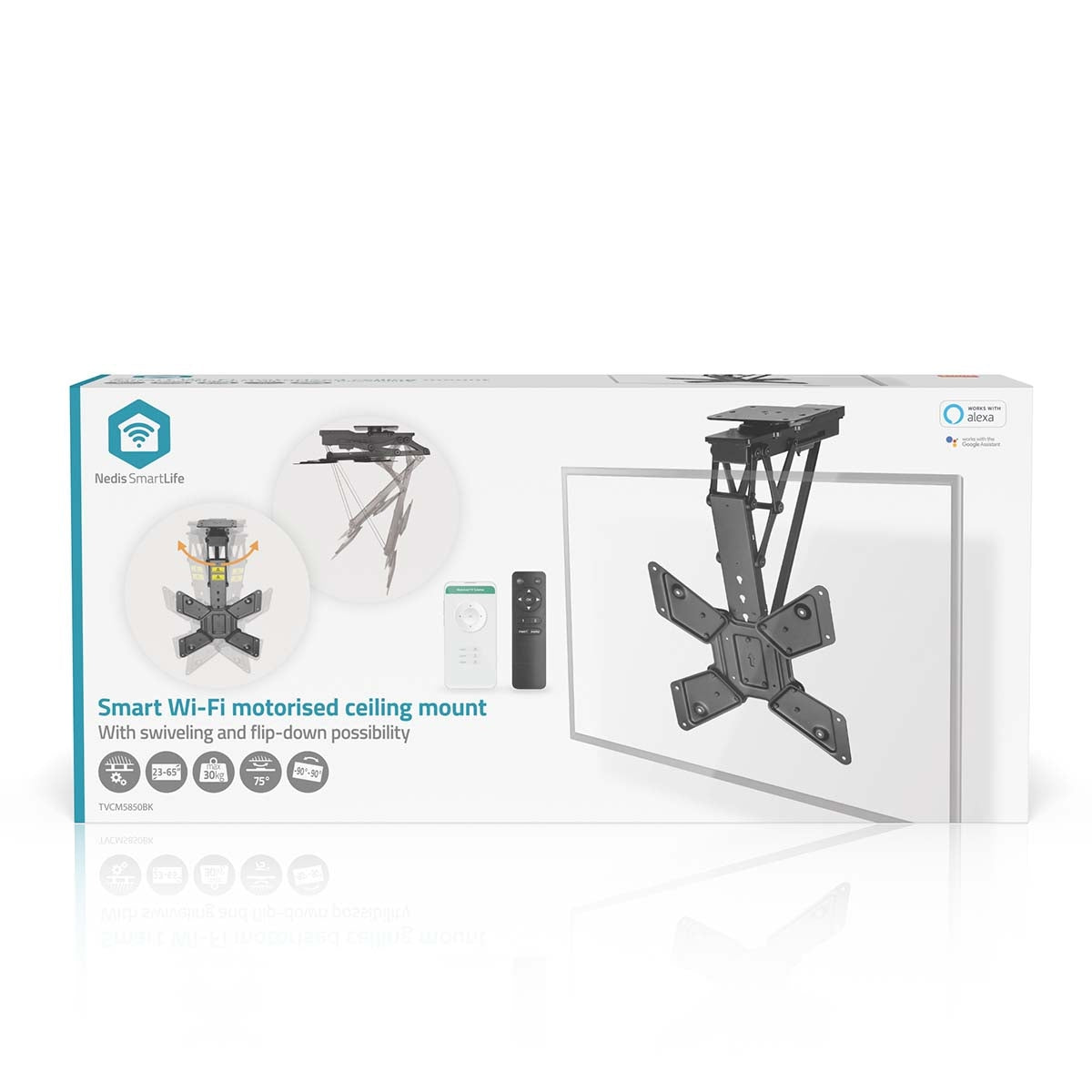 SmartLife Motorised TV Ceiling Mount | 23 - 65 " | Maximum supported screen weight: 30 kg | Rotatable | Tiltable | Minimum ceiling distance: 140 mm | Remote controlled | Steel | Black