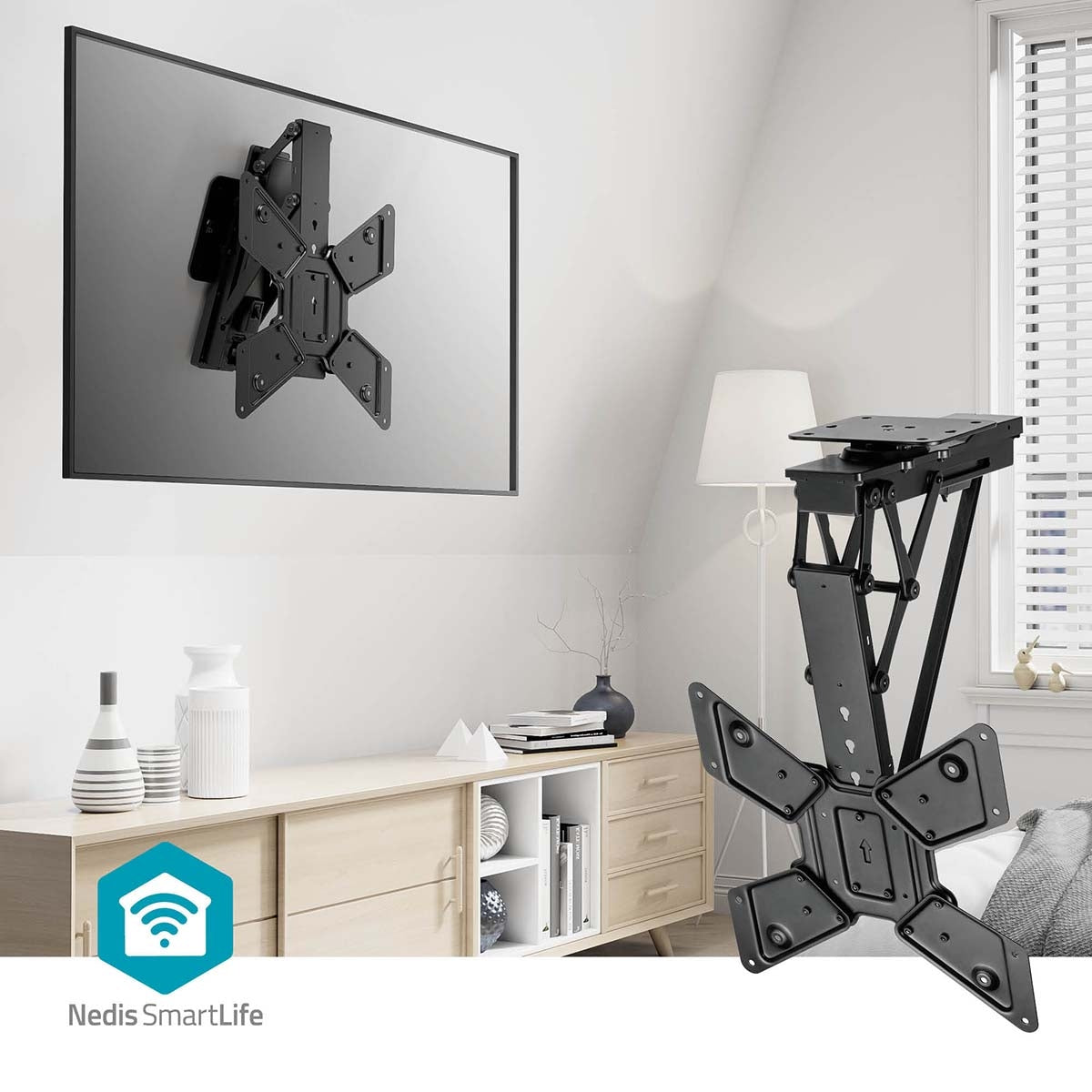 SmartLife Motorised TV Ceiling Mount | 23 - 65 " | Maximum supported screen weight: 30 kg | Rotatable | Tiltable | Minimum ceiling distance: 140 mm | Remote controlled | Steel | Black