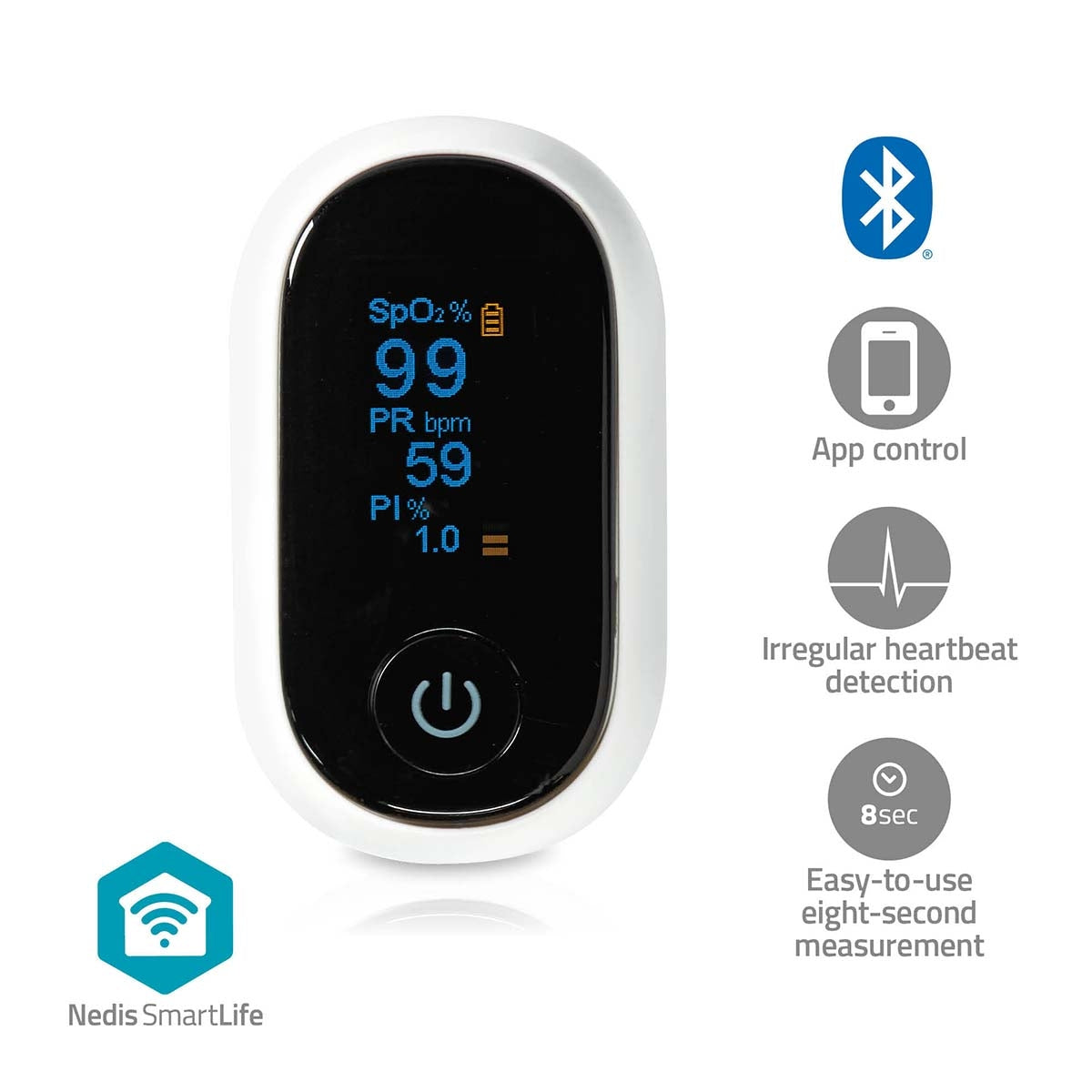 SmartLife Oxygen Meter | Bluetooth | OLED screen | Audible Alarm / Perfusion Index / Pulse Rate / High Precision Sensor / Impaired Movement Disorder / Oxygen Saturation (SpO2) | White