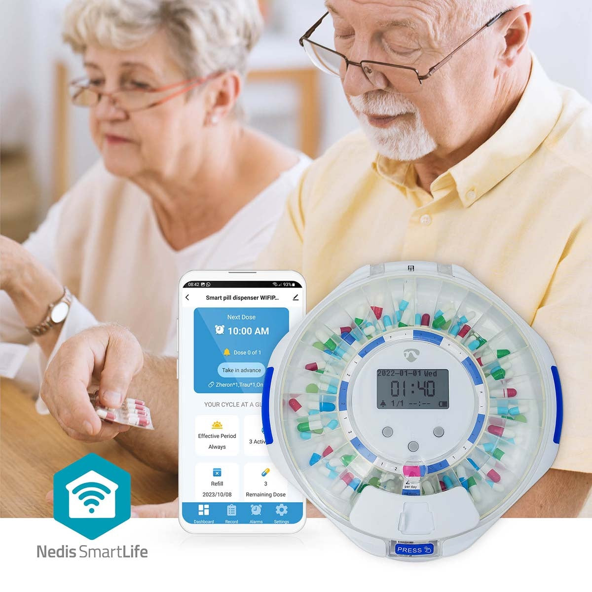 SmartLife Pill Dispenser | Wi-Fi | 28 Compartments | Number of alarmtimes: 9 Alarm Times Per Day | Beep / Light / Voice | LCD display | White