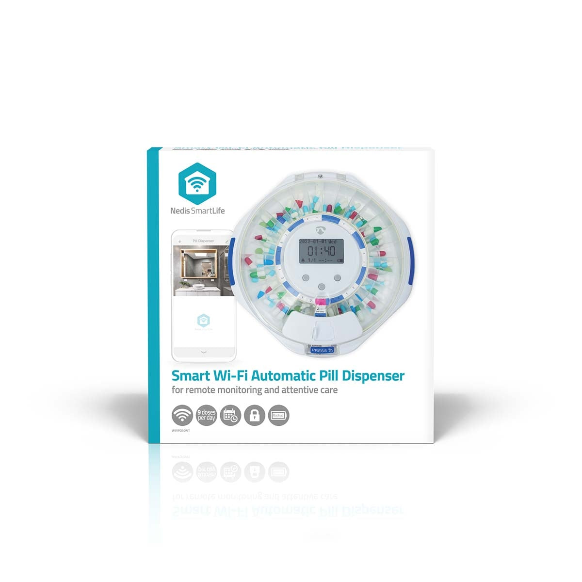 SmartLife Pill Dispenser | Wi-Fi | 28 Compartments | Number of alarmtimes: 9 Alarm Times Per Day | Beep / Light / Voice | LCD display | White