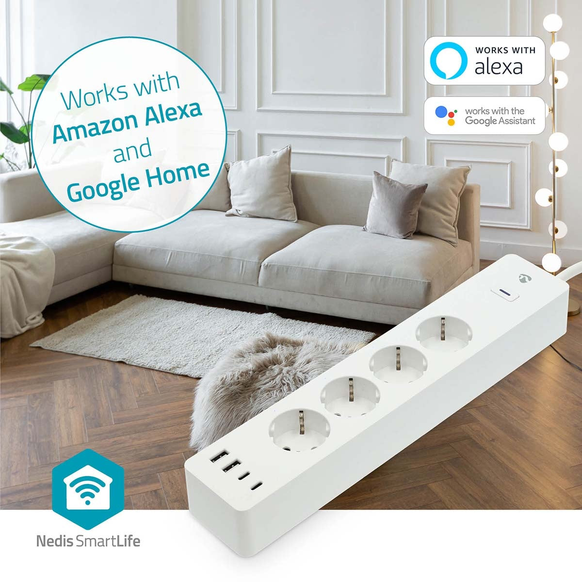 SmartLife Power Strip | Wi-Fi | Hybrid (CEE 7/7) / USB A / USB-C™ | 16 A | 3680 W | 2.00 m | 0 - 55 °C | Android™ / IOS | White